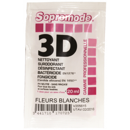 SOPROMODE®3D- NETTOYANT DESINFECTANT SOLS & SURFACES- PARFUM FLEURS BLANCHES- 20 ML DOSE UNIQUE